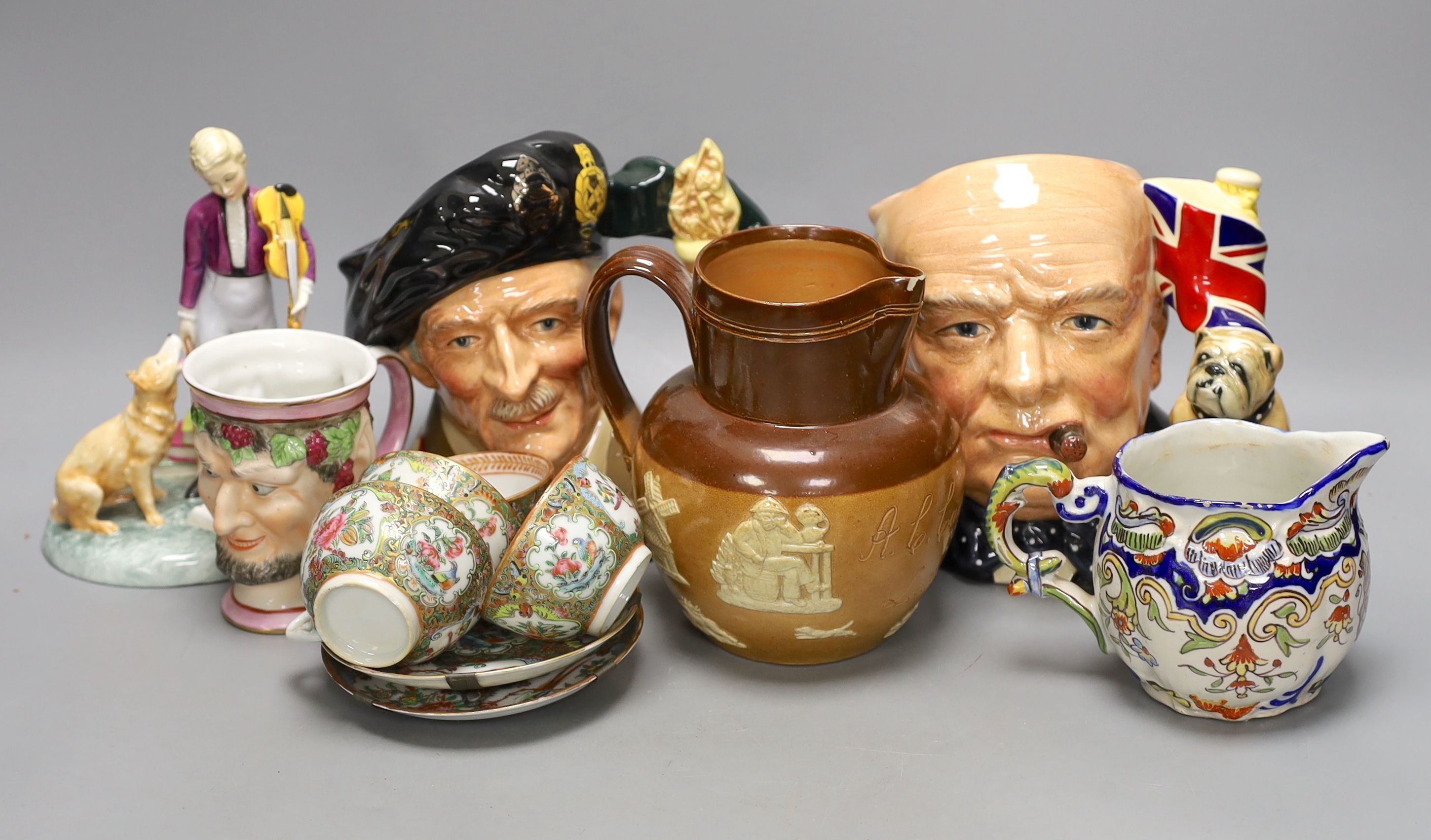 Three Royal Doulton jugs, Road Doulton figure the young master HN2872 and two other jugs and Chinese famille rose tea wares